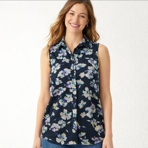 Coldwater Creek Sleeveless Floral Button Front Blouse XS Watercolor Print Lightw